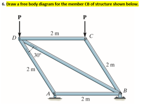 6. Draw a free body diagram for the member CB of structure shown below.
P
P
2 m
D
C
30
2 m
2 m
B
A
2 m
