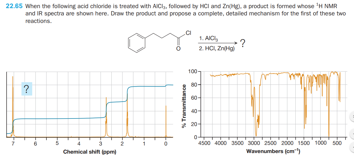 22.65 When the following acid chloride is treated with AICI3, followed by HCl and Zn(Hg), a product is formed whose 'H NMR
and IR spectra are shown here. Draw the product and propose a complete, detailed mechanism for the first of these two
reactions.
.CI
1. AICI3
2. HCI, Zn(Hg)
100
80-
?
60
40-
* 20-
7
4
3
1
4500 4000 3500 3000 2500 2000 1500 1000
500
Chemical shift (ppm)
Wavenumbers (cm-1)
