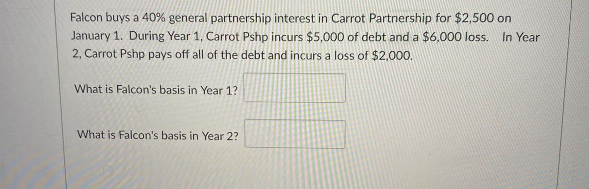 Falcon buys a 40% general partnership interest in Carrot Partnership for $2,500 on
January 1. During Year 1, Carrot Pshp incurs $5,000 of debt and a $6,000 loss. In Year
2, Carrot Pshp pays off all of the debt and incurs a loss of $2,000.
What is Falcon's basis in Year 1?
What is Falcon's basis in Year 2?