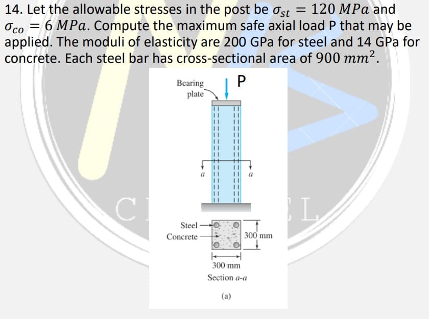 = 120 MPa and
14. Let the allowable stresses in the post be st
Oco = 6 MPa. Compute the maximum safe axial load P that may be
applied. The moduli of elasticity are 200 GPa for steel and 14 GPa for
concrete. Each steel bar has cross-sectional area of 900 mm².
P
с
Bearing
plate
Steel-
Concrete
300 mm
300 mm
Section a-a
(a)
IL