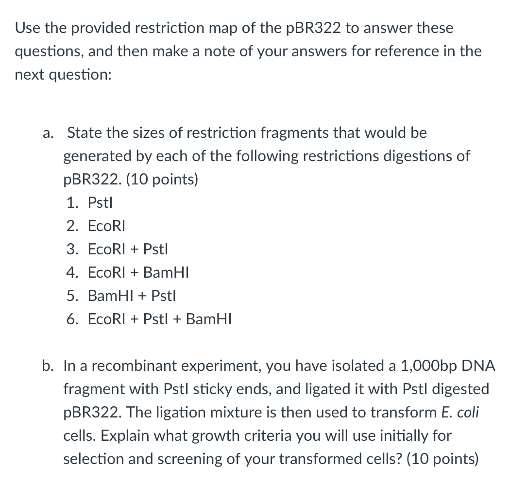 Use the provided restriction map of the pBR322 to answer these
questions, and then make a note of your answers for reference in the
next question:
a. State the sizes of restriction fragments that would be
generated by each of the following restrictions digestions of
pBR322. (10 points)
1. Pstl
2. EcoRI
3. EcoRI + Pstl
4. EcoRI + BamHI
5. BamHI + Pstl
6. EcoRI + Pstl + BamHI
b. In a recombinant experiment, you have isolated a 1,000bp DNA
fragment with Pstl sticky ends, and ligated it with Pstl digested
pBR322. The ligation mixture is then used to transform E. coli
cells. Explain what growth criteria you will use initially for
selection and screening of your transformed cells? (10 points)
