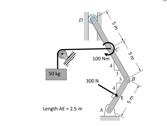 D
100 Nm
50 kg
3
3
B
300 N
E
Length AE = 2.5 m
A
5 m
5 m
5m
