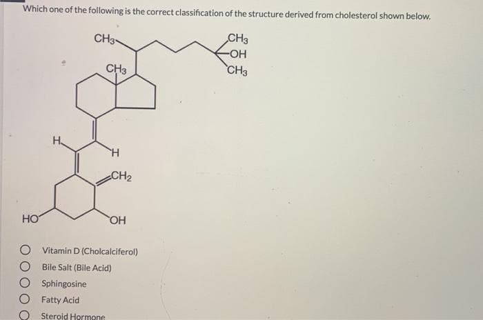 Which one of the following is the correct classification of the structure derived from cholesterol shown below.
CH3-
CH3
OH
CH3
CH3
H.
CH2
HO
OH
Vitamin D (Cholcalciferol)
Bile Salt (Bile Acid)
Sphingosine
Fatty Acid
Steroid Hormone
