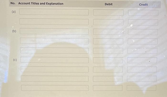 Sarasota Company's balance sheet shows:
Common stock, $20 par
Paid-in capital in excess of par
Retained earnings
Record the following transactions by the cost method. (List all debit entries before credit entries. Credit account titles are automatically
indented when amount is entered. Do not indent manually. If no entry is required, select "No Entry" for the account titles and enter O for the
amounts)
(a)
(b)
(c)
$3,100,000
1,100,000
760,000
(a)
Bought 8,200 shares of its common stock at $30 a share.
Sold 4,200 treasury shares at $31 a share.
Sold 1,800 shares of treasury stock at $26 a share.
No. Account Titles and Explanation
Debit
Credit