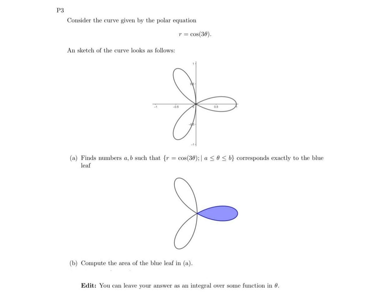 P3
Consider the curve given by the polar equation
An sketch of the curve looks as follows:
(a) Finds numbers a, b such that {r
leaf
r = cos(30).
-0.5
0.5
=
= cos(30); a ≤ 0 ≤ b} corresponds exactly to the blue
(b) Compute the area of the blue leaf in (a).
Edit: You can leave your answer as an integral over some function in 0.