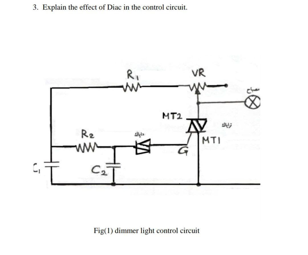 3. Explain the effect of Diac in the control circuit.
R₂
www
C₂
R₁
www
داياك
MT2
VR
ww
Fig(1) dimmer light control circuit
MTI
تراباك