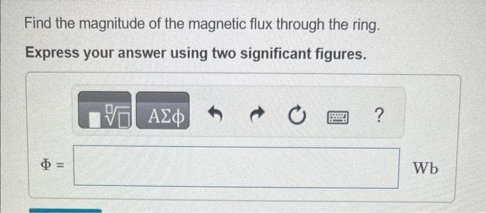 Find the magnitude of the magnetic flux through the ring.
Express your answer using two significant figures.
IVE ΑΣΦ
$=
?
Wb