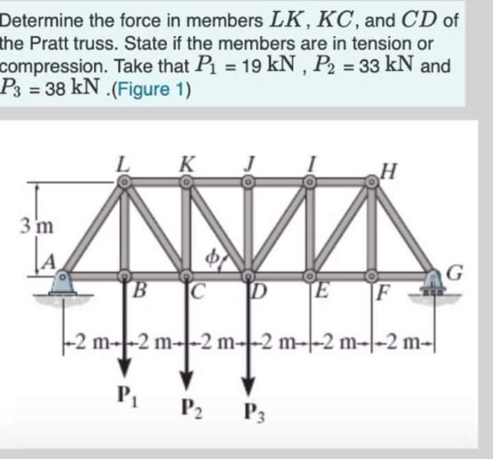 Determine the force in members LK, KC, and CD of
the Pratt truss. State if the members are in tension or
compression. Take that P = 19 kN , P2 = 33 kN and
P3 = 38 kN .(Figure 1)
%3D
%3D
K
3 m
E F
-2 m--2 m--2 m--2 m-|-2 m-|-2 m-|
P1
P2
P3
