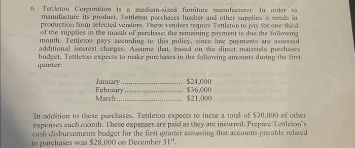 6. Tettleton Corporation is a medium-sized furniture manufacturer. In order to
manufacture its product, Tettleton purchases lumber and other supplies it needs in
production from selected vendors. These vendors require Tettleton to pay for one-third
of the supplies in the month of purchase; the remaining payment is due the following
month. Tettleton pays according to this policy, since late payments are assessed
additional interest charges. Assume that, based on the direct materials purchases
budget, Tettleton expects to make purchases in the following amounts during the first
quarter:
January
February.
March...
$24,000
$36,000
$21,000
In addition to these purchases. Tettleton expects to incur a total of $30,000 of other
expenses each month. These expenses are paid as they are incurred. Prepare Tettleton's
cash disbursements budget for the first quarter assuming that accounts payable related
to purchases was $28,000 on December 31st.