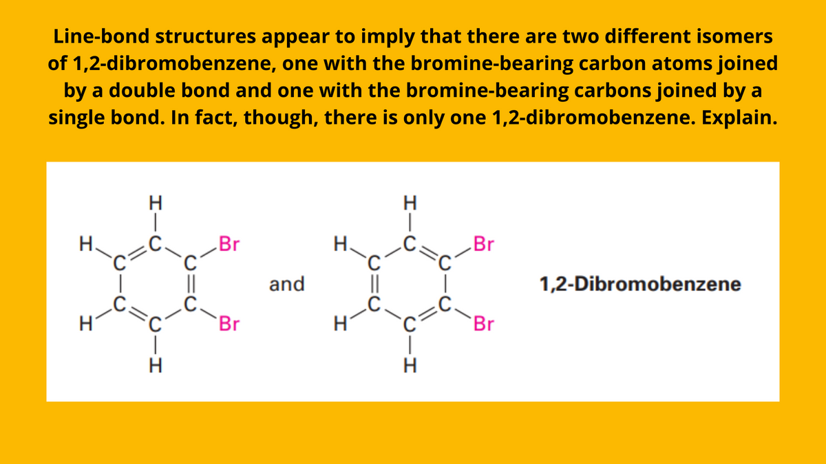 Line-bond structures appear to imply that there are two different isomers
of 1,2-dibromobenzene, one with the bromine-bearing carbon atoms joined
by a double bond and one with the bromine-bearing carbons joined by a
single bond. In fact, though, there is only one 1,2-dibromobenzene. Explain.
H
H.
C.
Br
H.
.C.
Br
||
||
.C
and
1,2-Dibromobenzene
Br
Br
