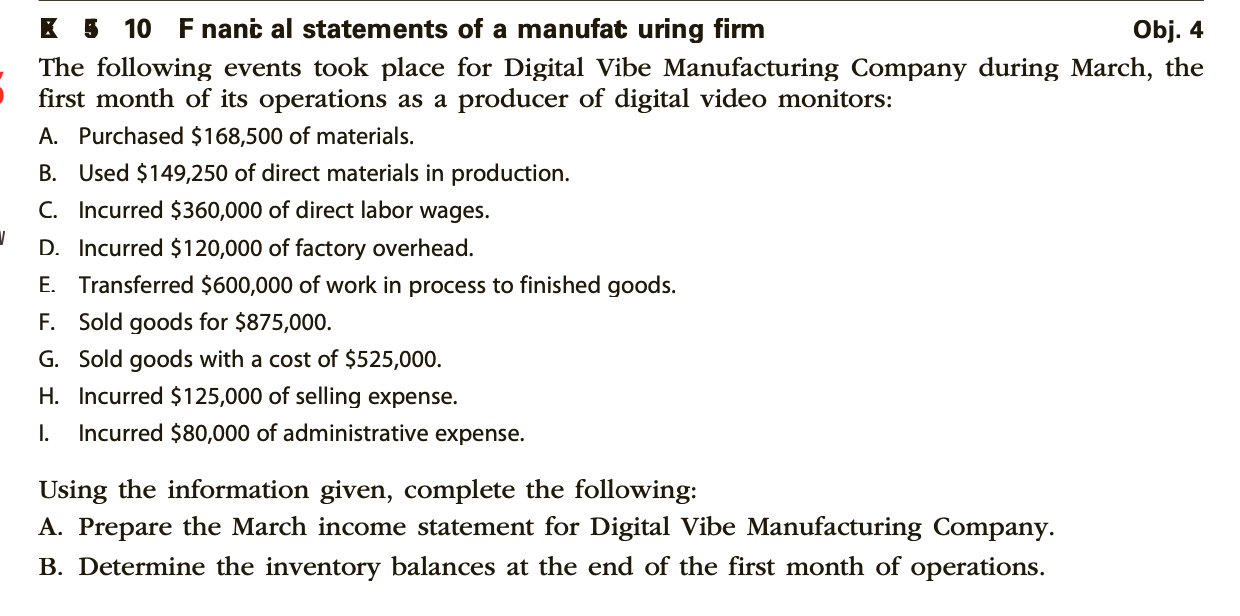 The following events took place for Digital Vibe Manufacturing Company during March, the
first month of its operations as a producer of digital video monitors:
A. Purchased $168,500 of materials.
B. Used $149,250 of direct materials in production.
C. Incurred $360,000 of direct labor wages.
D. Incurred $120,000 of factory overhead.
E. Transferred $600,000 of work in process to finished goods.
F. Sold goods for $875,000.
G. Sold goods with a cost of $525,000.
H. Incurred $125,000 of selling expense.
I.
Incurred $80,000 of administrative expense.
Using the information given, complete the following:
A. Prepare the March income statement for Digital Vibe Manufacturing Company.
B. Determine the inventory balances at the end of the first month of operations.
