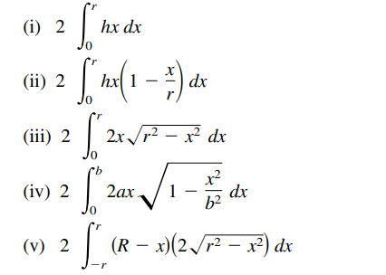 (i) 2
hx dx
(ii) 2
hx 1
dx
r
(iii) 2
2r /r2 – x² dx
x2
(iv) 2
2ax
1
dx
b²
0,
(v) 2
(R – x)(2/r? – x²) dx

