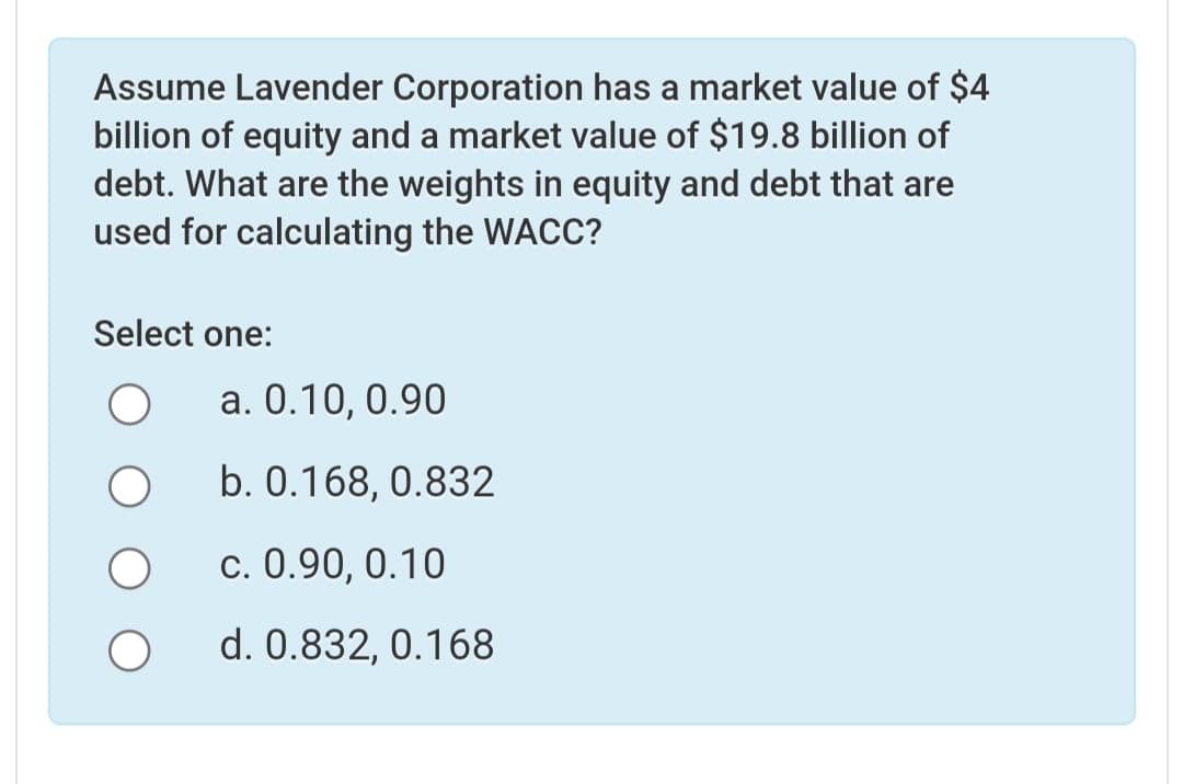 Assume Lavender Corporation has a market value of $4
billion of equity and a market value of $19.8 billion of
debt. What are the weights in equity and debt that are
used for calculating the WACC?
Select one:
а. 0.10, 0.90
b. 0.168, 0.832
с. 0.90, 0.10
d. 0.832, 0.168
