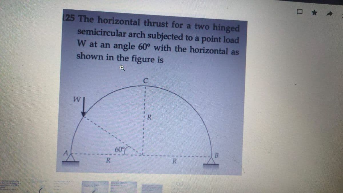 25 The horizontal thrust for a two hinged
semicircular arch subjected to a point load
W at an angle 60° with the horizontal as
shown in the figure is
60°C
R
