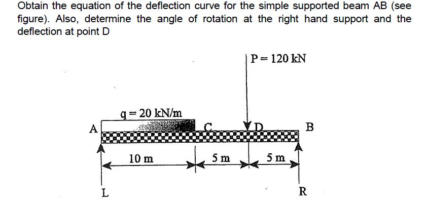 Obtain the equation of the deflection curve for the simple supported beam AB (see
figure). Also, determine the angle of rotation at the right hand support and the
deflection at point D
P= 120 kN
q 20 kN/m
A
В
10 m
5 m
5 m
L
R
