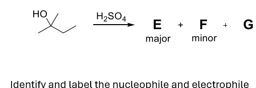 HO
义
H2SO4
E + F
major minor
G
Identify and label the nucleophile and electrophile