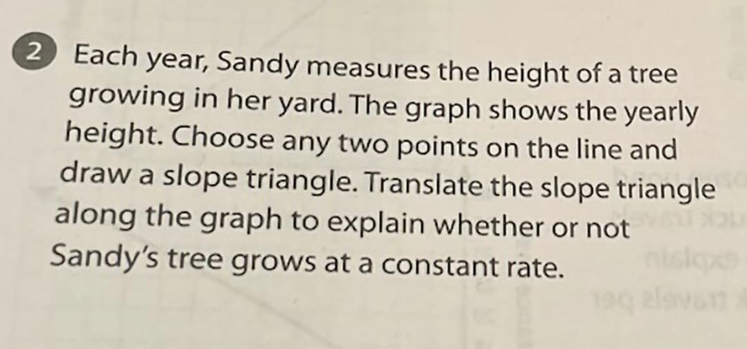 2 Each year, Sandy measures the height of a tree
growing in her yard. The graph shows the yearly
height. Choose any two points on the line and
draw a slope triangle. Translate the slope triangle
along the graph to explain whether or notu
Sandy's tree grows at a constant rate.