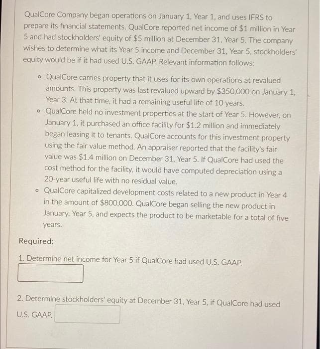QualCore Company began operations on January 1, Year 1, and uses IFRS to
prepare its financial statements. QualCore reported net income of $1 million in Year
5 and had stockholders' equity of $5 million at December 31, Year 5. The company
wishes to determine what its Year 5 income and December 31, Year 5, stockholders'
equity would be if it had used U.S. GAAP. Relevant information follows:
o QualCore carries property that it uses for its own operations at revalued
amounts. This property was last revalued upward by $350,000 on January 1,
Year 3. At that time, it had a remaining useful life of 10 years.
o QualCore held no investment properties at the start of Year 5. However, on
January 1, it purchased an office facility for $1.2 million and immediately
began leasing it to tenants. QualCore accounts for this investment property
using the fair value method. An appraiser reported that the facility's fair
value was $1.4 million on December 31, Year 5. If QualCore had used the
cost method for the facility, it would have computed depreciation using a
20-year useful life with no residual value.
o QualCore capitalized development costs related to a new product in Year 4
in the amount of $800,000. QualCore began selling the new product in
January, Year 5, and expects the product to be marketable for a total of five
years.
Required:
1. Determine net income for Year 5 if QualCore had used U.S. GAAP.
2. Determine stockholders' equity at December 31, Year 5, if QualCore had used
U.S. GAAP.