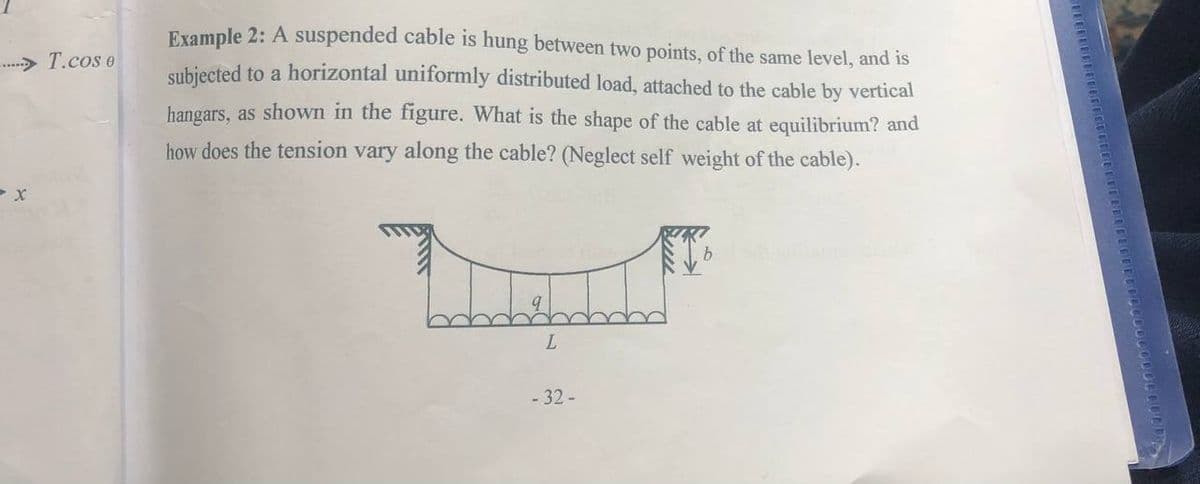 Example 2: A suspended cable is hung between two points, of the same level, and is
-> T.cos e
Subiected to a horizontal uniformly distributed load, attached to the cable by vertical
hangars, as shown in the figure. What is the shape of the cable at equilibrium? and
how does the tension vary along the cable? (Neglect self weight of the cable).
L.
- 32 -
0O000000000OCD
