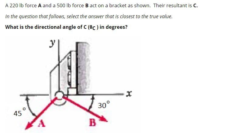 A 220 lb force A and a 500 lb force B act on a bracket as shown. Their resultant is C.
In the question that follows, select the answer that is closest to the true value.
What is the directional angle of C (ec) in degrees?
45°
A
3'
B
30°
X