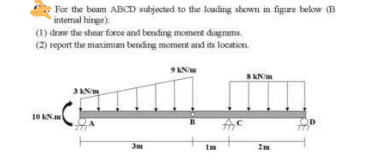 For the beam ABCD subjected to the loading shown in figure below (B
intemal hinge):
(1) draw the shear force and bending moment diagrams.
(2) report the maximun bending moment and its location
9 KN/m
8 kN/m
3 KN/m
10 kN.m
Im
