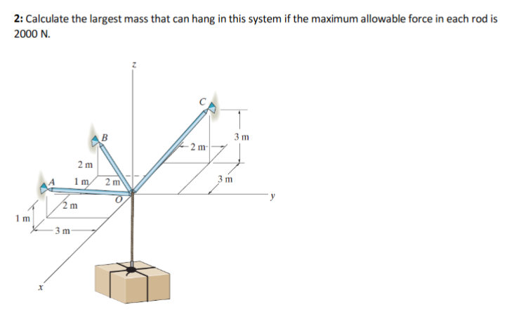 2: Calculate the largest mass that can hang in this system if the maximum allowable force in each rod is
2000 N.
B
3 m
- 2 m-
2 m
2 m
8 m
1m.
2 m
1m
3 m
