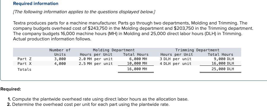 Required information
[The following information applies to the questions displayed below.]
Textra produces parts for a machine manufacturer. Parts go through two departments, Molding and Trimming. The
company budgets overhead cost of $243,750 in the Molding department and $203,750 in the Trimming department.
The company budgets 16,000 machine hours (MH) in Molding and 25,000 direct labor hours (DLH) in Trimming.
Actual production information follows.
Molding Department
Trimming Department
Hours per Unit
Part Z
Part X
Totals
Number of
Units
3,000
4,000
Hours per Unit
2.0 MH per unit
Total Hours
Total Hours
2.5 MH per unit
6,000 MH
10,000 MH
16,000 MH
3 DLH per unit
4 DLH per unit
9,000 DLH
16,000 DLH
25,000 DLH
Required:
1. Compute the plantwide overhead rate using direct labor hours as the allocation base.
2. Determine the overhead cost per unit for each part using the plantwide rate.