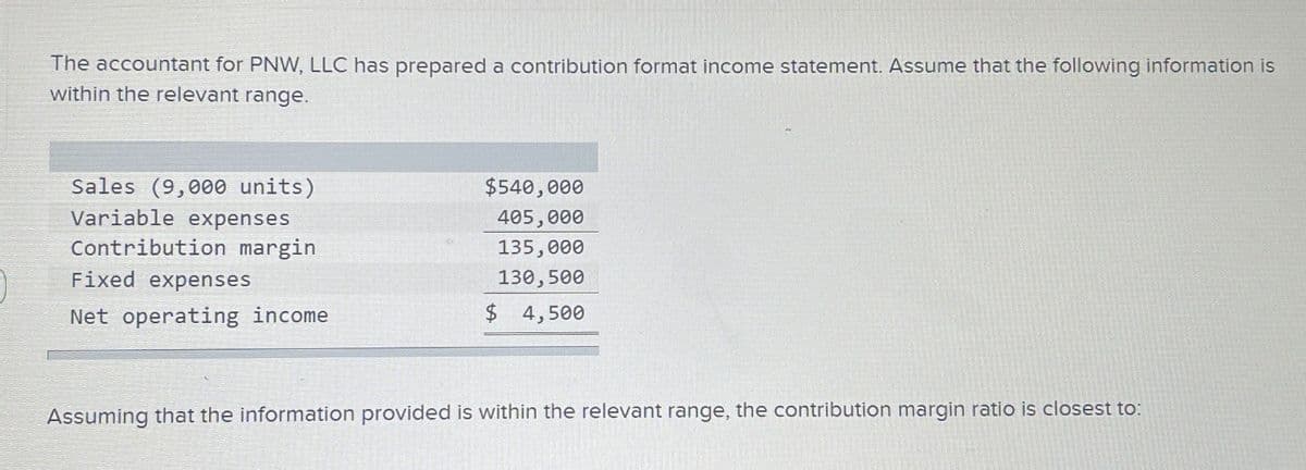 The accountant for PNW, LLC has prepared a contribution format income statement. Assume that the following information is
within the relevant range.
Sales (9,000 units)
Variable expenses
Contribution margin
Fixed expenses
$540,000
405,000
135,000
130,500
Net operating income
$ 4,500
Assuming that the information provided is within the relevant range, the contribution margin ratio is closest to: