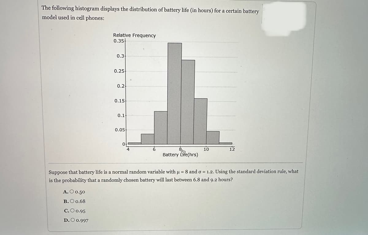 The following histogram displays the distribution of battery life (in hours) for a certain battery
model used in cell phones:
Relative Frequency
0.35
A. O 0.50
B. O 0.68
C. O 0.95
D. O 0.997
0.3
0.25-
0.2
0.15
0.1
0.05
6
Battery Le(hrs)
10
12
Suppose that battery life is a normal random variable with μ = 8 and o= 1.2. Using the standard deviation rule, what
is the probability that a randomly chosen battery will last between 6.8 and 9.2 hours?