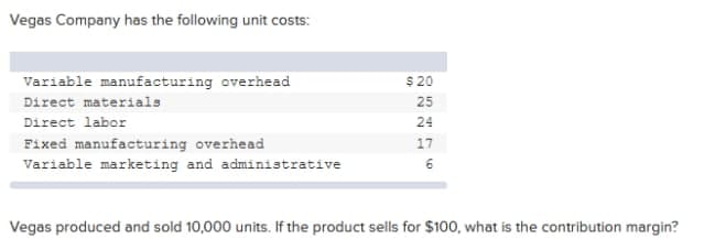 Vegas Company has the following unit costs:
Variable manufacturing overhead
$ 20
Direct materials
25
Direct labor
24
Fixed manufacturing overhead
Variable marketing and administrative
17
6
Vegas produced and sold 10,000 units. If the product sells for $100, what is the contribution margin?
