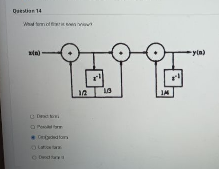 Question 14
What form of filter is seen below?
x(n)
O Direct form
O Parallel form
Casaded form
Lattice form
O Direct form II
1/12 1/3
1/4
-y(n)