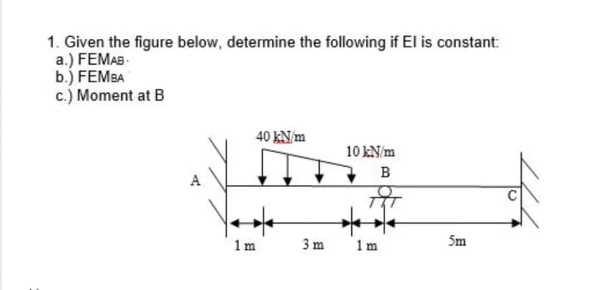 1. Given the figure below, determine the following if El is constant:
a.) FEMAB.
b.) FEMBA
c.) Moment at B
40 kN/m
10 kN/m
B
A
1m
3 m
1 m
5m
