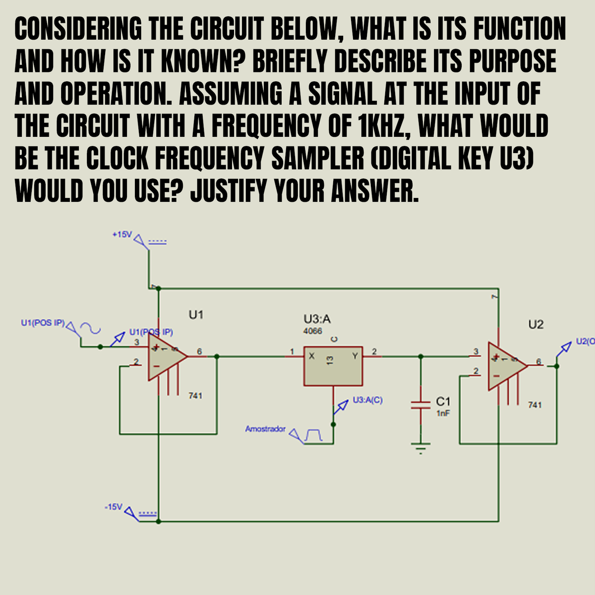 CONSIDERING THE CIRCUIT BELOW, WHAT IS ITS FUNCTION
AND HOW IS IT KNOWN? BRIEFLY DESCRIBE ITS PURPOSE
AND OPERATION. ASSUMING A SIGNAL AT THE INPUT OF
THE CIRCUIT WITH A FREQUENCY OF 1KHZ, WHAT WOULD
BE THE CLOCK FREQUENCY SAMPLER (DIGITAL KEY U3)
WOULD YOU USE? JUSTIFY YOUR ANSWER.
U1(POS IP)
+15V
-15V
U1(POS IP)
3
U1
6
741
Amostrador
1
U3:A
4066
X
U3:A(C)
C1
1nF
U2
741
U2(0
