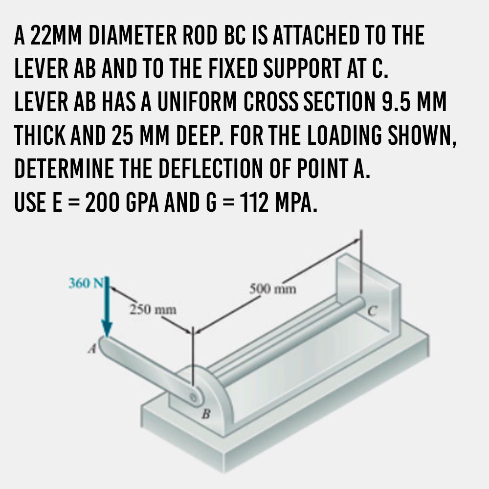 A 22MM DIAMETER ROD BC IS ATTACHED TO THE
LEVER AB AND TO THE FIXED SUPPORT AT C.
LEVER AB HAS A UNIFORM CROSS SECTION 9.5 MM
THICK AND 25 MM DEEP. FOR THE LOADING SHOWN,
DETERMINE THE DEFLECTION OF POINT A.
USE E = 200 GPA AND G = 112 MPA.
360 N
500 mm
250 mm
B
