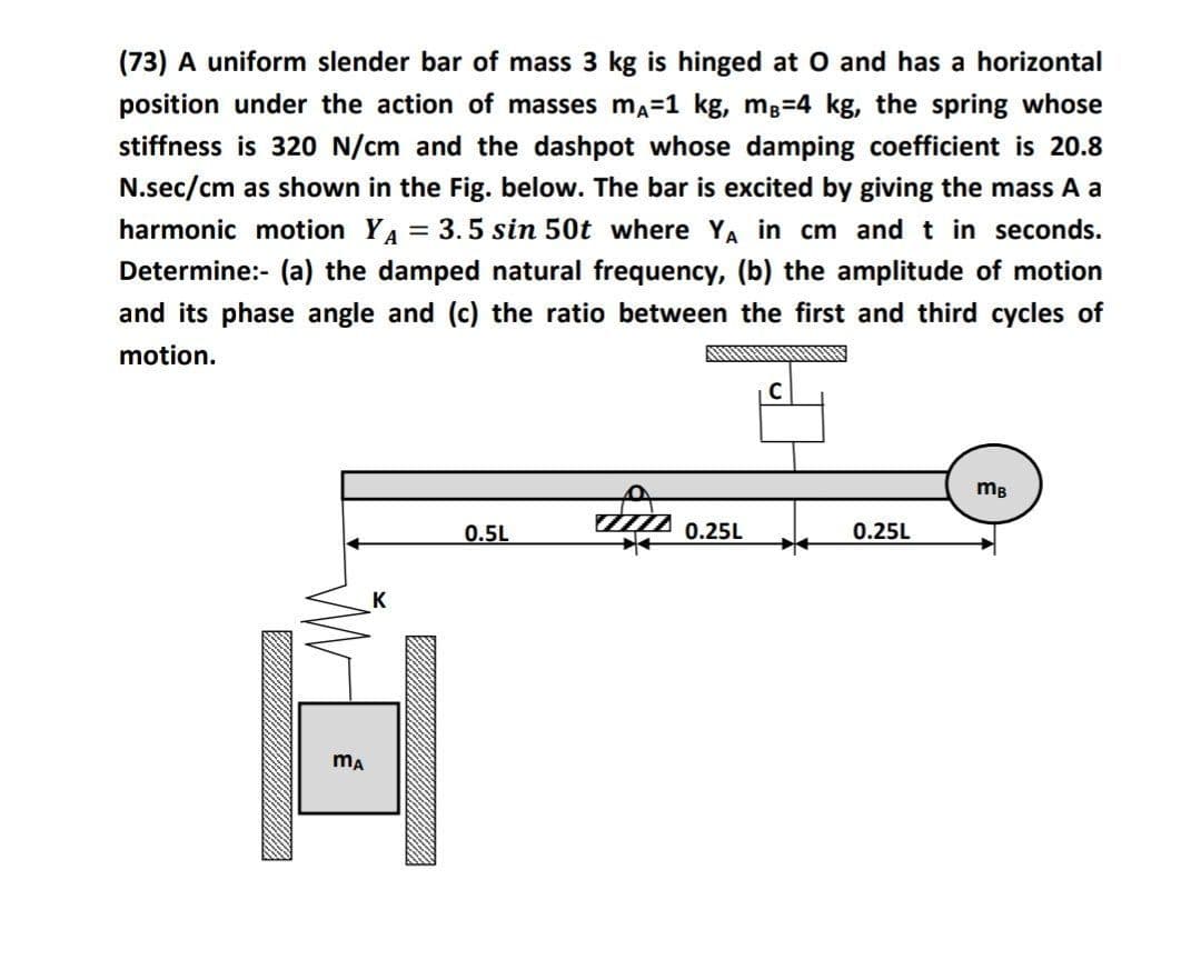 (73) A uniform slender bar of mass 3 kg is hinged at O and has a horizontal
position under the action of masses ma=1 kg, mg=4 kg, the spring whose
stiffness is 320 N/cm and the dashpot whose damping coefficient is 20.8
N.sec/cm as shown in the Fig. below. The bar is excited by giving the mass A a
= 3.5 sin 50t where YA in cm andt in seconds.
harmonic motion YA
Determine:- (a) the damped natural frequency, (b) the amplitude of motion
and its phase angle and (c) the ratio between the first and third cycles of
motion.
mB
0.5L
0.25L
0.25L
ma
