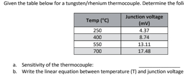 Given the table below for a tungsten/rhenium thermocouple. Determine the fol
Junction voltage
(mV)
Temp (°C)
250
4.37
400
8.74
550
13.11
700
17.48
a. Sensitivity of the thermocouple:
b. Write the linear equation between temperature (T) and junction voltage
