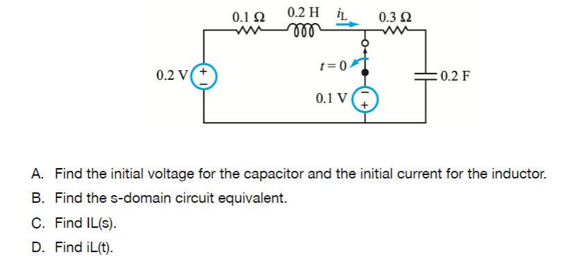 0.2 Н iL
ll
0.1 Q
0.3 Ω
t= 0
0.2 V(+
:0.2 F
0.1 V
A. Find the initial voltage for the capacitor and the initial current for the inductor.
B. Find the s-domain circuit equivalent.
C. Find IL(s).
D. Find iL(t).
