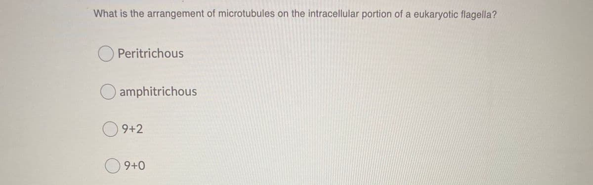 What is the arrangement of microtubules on the intracellular portion of a eukaryotic flagella?
O Peritrichous
O amphitrichous
O 9+2
9+0
