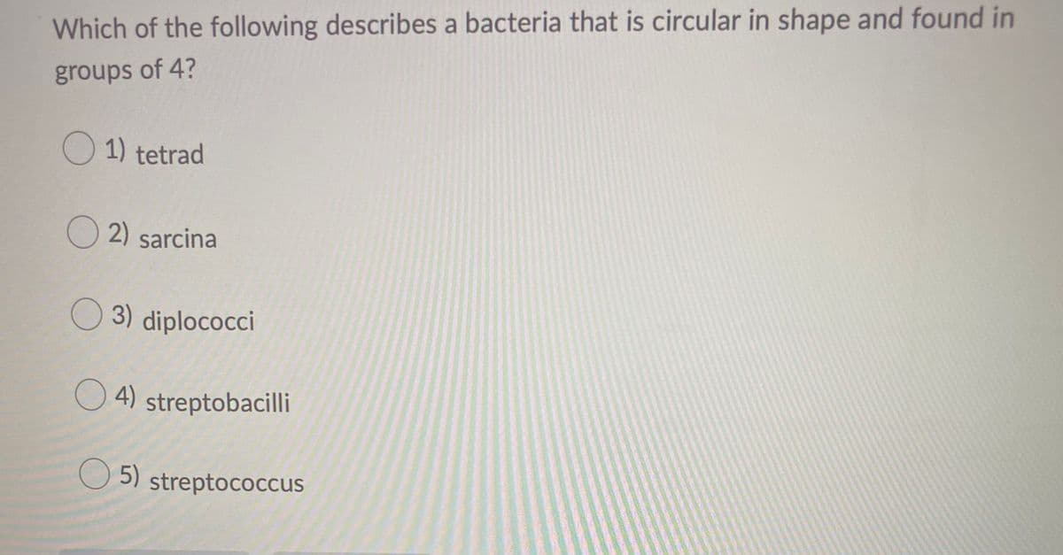Which of the following describes a bacteria that is circular in shape and found in
groups of 4?
O 1) tetrad
O
2) sarcina
O 3) diplococci
O 4) streptobacilli
O
5) streptococcus
