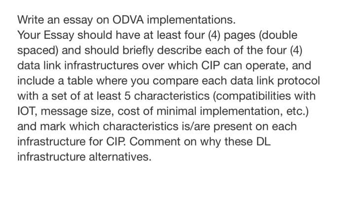 Write an essay on ODVA implementations.
Your Essay should have at least four (4) pages (double
spaced) and should briefly describe each of the four (4)
data link infrastructures over which CIP can operate, and
include a table where you compare each data link protocol
with a set of at least 5 characteristics (compatibilities with
IOT, message size, cost of minimal implementation, etc.)
and mark which characteristics is/are present on each
infrastructure for CIP. Comment on why these DL
infrastructure alternatives.