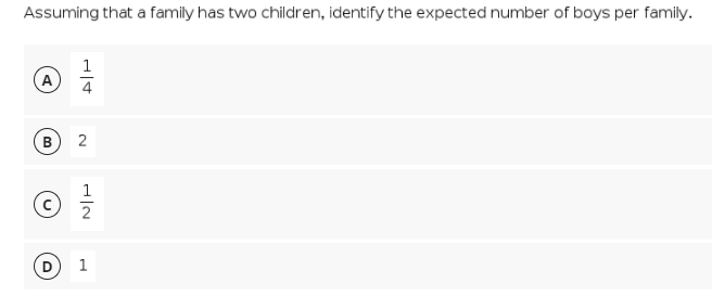 Assuming that a family has two children, identify the expected number of boys per family.
1
A
B
2
1
