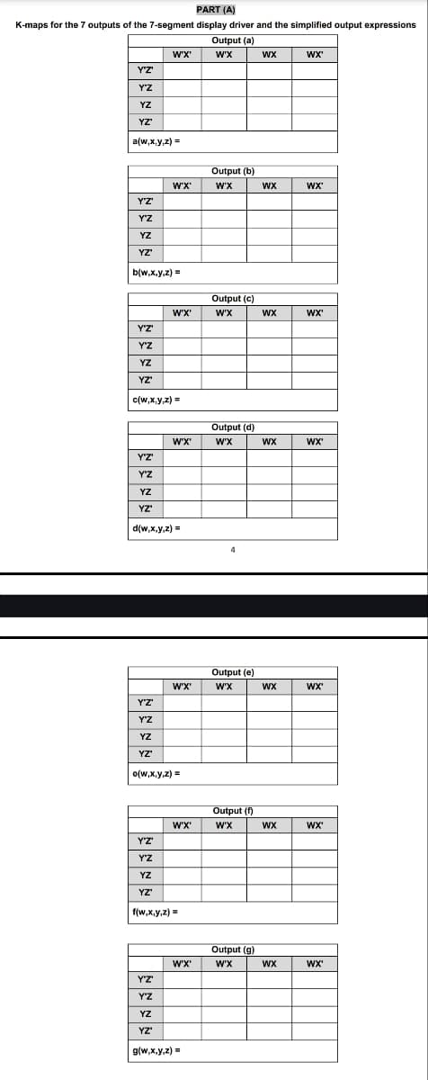 PART (A)
K-maps for the 7 outputs of the 7-segment display driver and the simplified output expressions
Output (a)
W'X'
W'X
Y'Z'
Y'Z
YZ
YZ"
a(w,x,y,z) =
WX
WX'
Output (b)
W'X'
W'X
WX
WX'
Y'Z'
Y'Z
YZ
ΥΖ'
b(w,x,y,z) =
Output (c)
W'X'
W'X
WX
WX'
Y'Z'
Y'Z
YZ
YZ'
c(w,x,y,z) =
Output (d)
W'X'
W'X
WX
WX'
Y'Z'
Y'Z
YZ
YZ'
d(w,x,y,z) =
Output (e)
W'X'
W'X
WX
WX'
Y'Z'
Y'Z
YZ
YZ'
e(w,x,y,z) =
Output (f)
W'X'
W'X
WX
WX'
Y'Z'
Y'Z
YZ
ΥΖ'
f(w,x,y,z) =
Output (g)
W'X'
W'X
WX
WX'
Y'Z'
Y'Z
YZ
YZ'
g(w,x,y,z) =