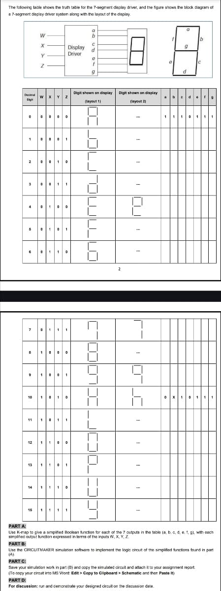 The following table shows the truth table for the 7-segment display driver, and the figure shows the block diagram of
a 7-segment display driver system along with the layout of the display.
a
W
X
C
Y
Display
Driver
d
e
Z
f
g
Decimal
Dight
Z
200
001
☐
Digit shown on display Digit shown on display
°
7
1 1
9
10
12
13
10
(layout 1)
OLJL_LO
☐ |
(layout 2)
2
P
9
g
e
C
d
bcd
0
1
0
h
1
14
0
П
PART A:
Use K-map to give a simplified Boolean function for each of the 7 outputs in the table (a, b, c, d, e, f, g), with each
simplified output function expressed in terms of the inputs W, X, Y, Z.
PART B:
Use the CIRCUITMAKER simulation software to implement the logic circuit of the simplified functions found in part
(A).
PART C:
Save your simulation work in part (B) and copy the simulated circuit and attach it to your assignment report.
(To copy your circuit into MS Word: Edit> Copy to clipboard > Schematic and then Paste it)
PART D:
For discussion: run and demonstrate your designed circuit on the discussion date.