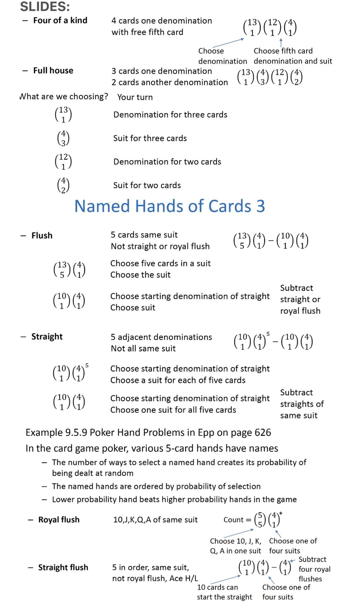 SLIDES:
-
Four of a kind
Full house
Flush
What are we choosing? Your turn
(¹3)
(¹2)
(33)()
(¹9) (4)
Straight
5
4 cards one denomination
with free fifth card
(19)9)
(¹9) (4)
3 cards one denomination
2 cards another denomination (¹3)(3)(¹)()
Denomination for three cards
Suit for three cards
Straight flush
Choose
Choose fifth card
denomination denomination and suit
Suit for two cards
Named Hands of Cards 3
Denomination for two cards
5 cards same suit
Not straight or royal flush
(30)
Choose five cards in a suit
Choose the suit
5 adjacent denominations
Not all same suit
13
Subtract
Choose starting denomination of straight straight or
Choose suit
royal flush
(34)-(0)
5
(¹9) (4) ³ - (94)
Choose starting denomination of straight
Choose a suit for each of five cards
5 in order, same suit,
not royal flush, Ace H/L
Choose starting denomination of straight
Choose one suit for all five cards
Example 9.5.9 Poker Hand Problems in Epp on page 626
In the card game poker, various 5-card hands have names
The number of ways to select a named hand creates its probability of
being dealt at random
The named hands are ordered by probability of selection
Lower probability hand beats higher probability hands in the game
Royal flush
10,J,K,Q,A of same suit
(*
Count =
Subtract
straights of
same suit
Choose 10, J, K,
Q, A in one suit
10 cards can
start the straight
Choose one of
four suits
(49)0)-(
Subtract
four royal
flushes
Choose one of
four suits