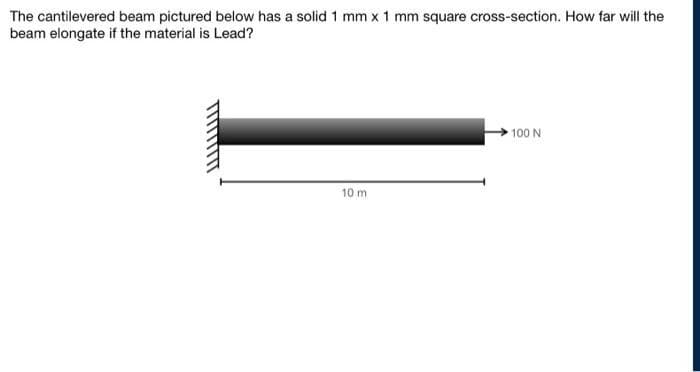 The cantilevered beam pictured below has a solid 1 mm x 1 mm square cross-section. How far will the
beam elongate if the material is Lead?
/////////
10 m
100 N