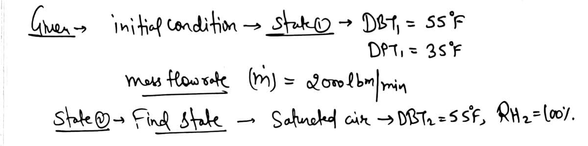 Guen - →
stak@→ DBT, = ss'F
DPT, = 35F
mes tlow ote (m) = 2oolbomlmin
initiap condition
state ♡→ Find state
Satneked cir → DBT2 =5 SF, RH2=(0.
