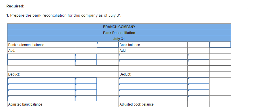 Required:
1. Prepare the bank reconciliation for this company as of July 31.
Bank statement balance
Add:
Deduct:
Adjusted bank balance
BRANCH COMPANY
Bank Reconciliation
July 31
Book balance
Add:
Deduct:
Adjusted book balance
