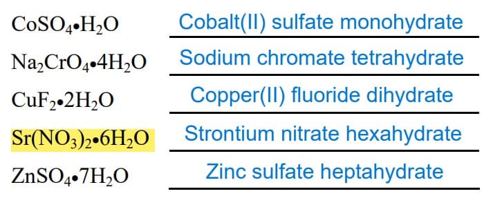 COSO4 H₂O
Na₂CrO4.4H₂O
CuF2.2H₂O
Sr(NO3)2 6H₂O
ZnSO4.7H₂O
Cobalt(II) sulfate monohydrate
Sodium chromate tetrahydrate
Copper(II) fluoride dihydrate
Strontium nitrate hexahydrate
Zinc sulfate heptahydrate