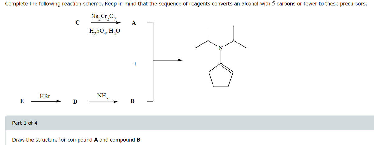 Complete the following reaction scheme. Keep in mind that the sequence of reagents converts an alcohol with 5 carbons or fewer to these precursors.
Na,Cr,O,
H2SO4, HO
E
Part 1 of 4
HBr
C
D
A
ㅏㅏ
B
NH3
Draw the structure for compound A and compound B.