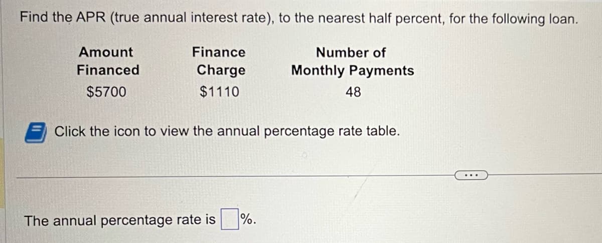 Find the APR (true annual interest rate), to the nearest half percent, for the following loan.
Finance
Number of
Monthly Payments
Charge
$1110
Amount
Financed
$5700
48
Click the icon to view the annual percentage rate table.
The annual percentage rate is %.